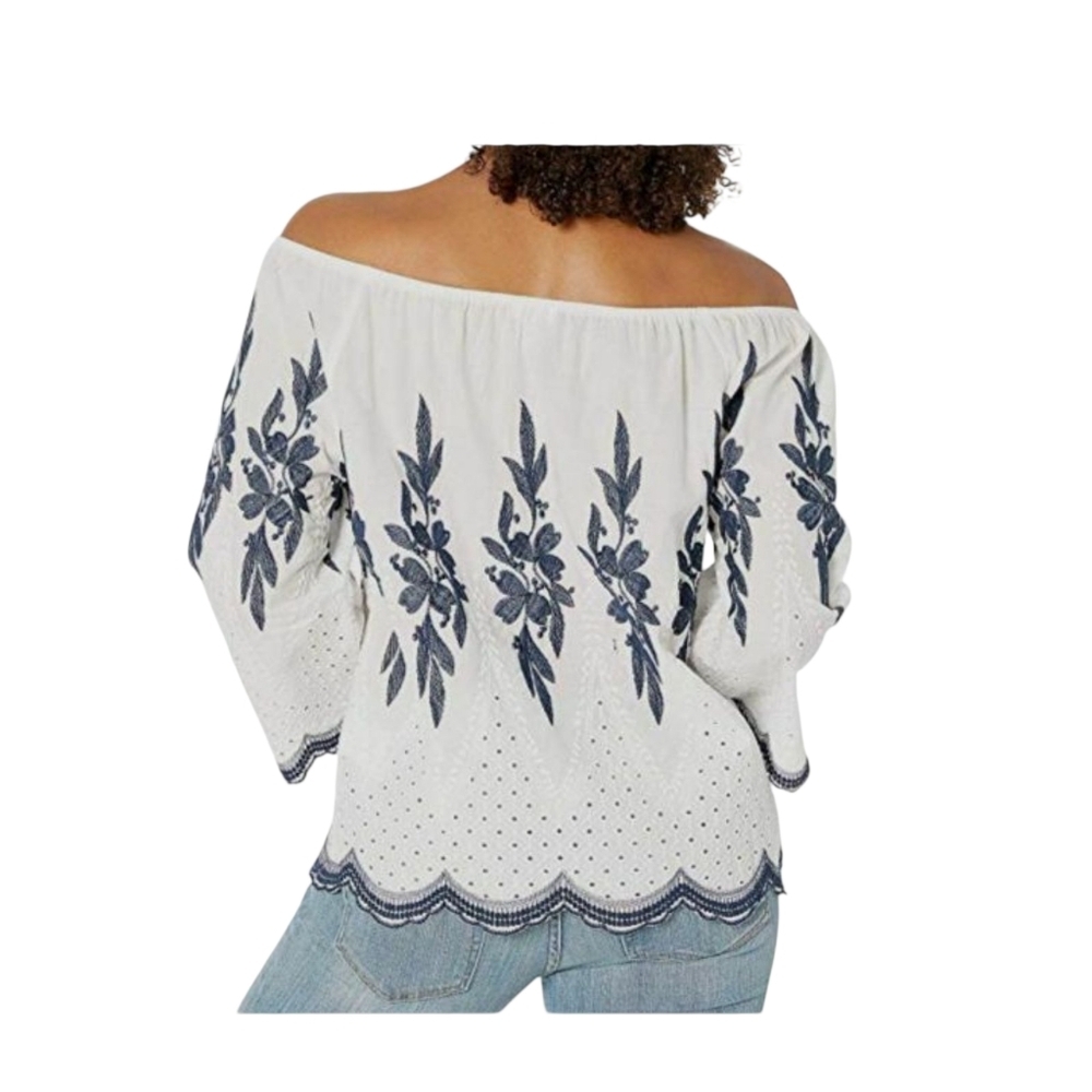 RD KOKO White and Blue Off-Shoulder Embroidered Blouse 3/4 Sleeve
